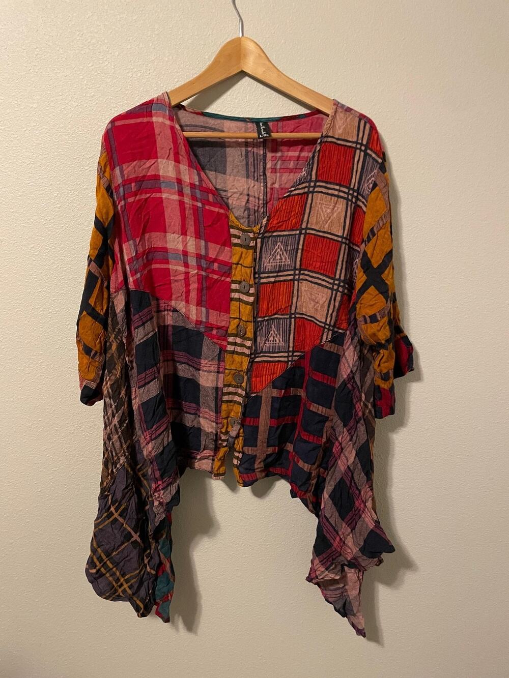 Sweet Threads Tunic Top Womens L/XL Patchwork Plaid Asymmetrical Boho Artsy